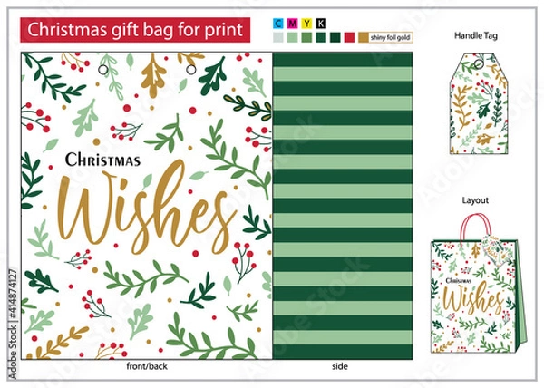 Obraz Christmas gift bag for print with tag handle, Christmas Wishes and holly leaf gift bag design