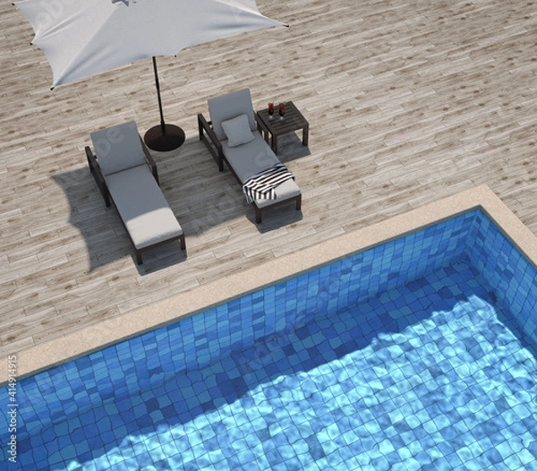 Obraz Swimming pool with wooden deck and sun loungers