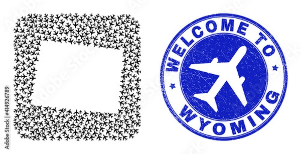 Fototapeta Vector mosaic Wyoming State map of transportation items and grunge Welcome stamp. Collage geographic Wyoming State map constructed as hole from rounded square with aeroplanes.