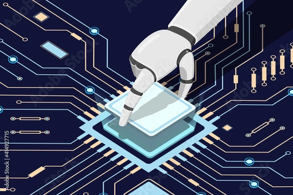 Obraz The robot installed the processor in the circuit board.