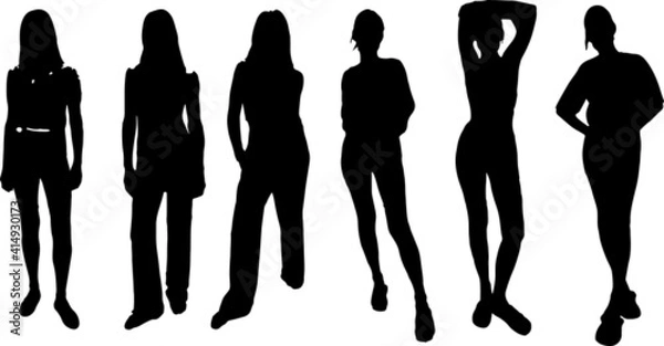 Fototapeta Vector silhouette of ladies, front view perfect to include in your architecture projects, renders, sketches or plans.