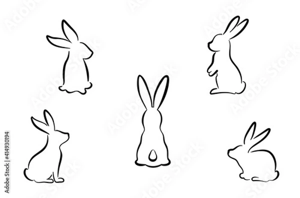 Obraz A set of rabbit silhouettes drawn with lines for designer use. Silhouettes of easter bunny drawing by thin lines.
