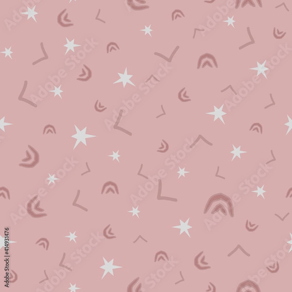 Fototapeta Soft pink background with seamless pattern. Stars, checkmarks, arcs. For kid's fabrics, accessories, packaging, scrapbooking, textiles, wallpaper, printing, card, product design for girls and women