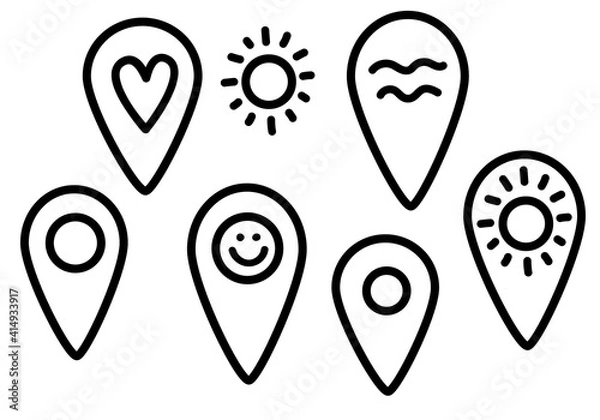 Fototapeta Vector doodle set of geotags with images of the sun, sea, smile. Map pointer icon. GPS location symbol. Map pin line design. Hand draw Geotag sign icon in doodle style. Black lines isolated on a white