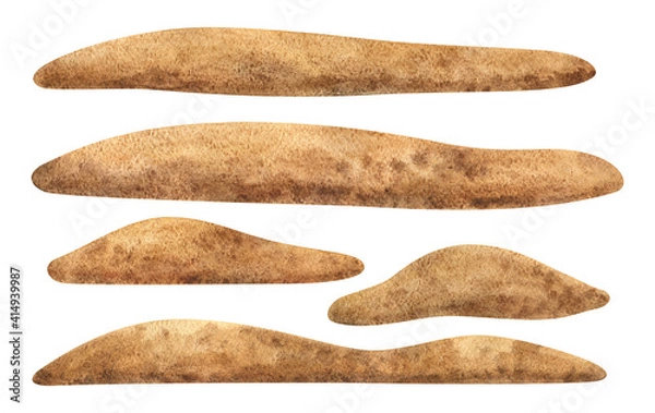 Fototapeta Brown sand. Watercolour illustrations of sand surfaces for creating decorative compositions. A set of pieces of earth for the design. Image isolated on a white background.