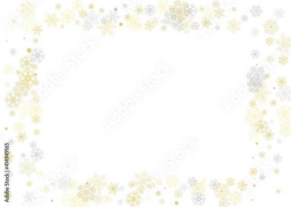 Fototapeta Gold snowflakes frame on white background. New year theme. Horizontal shiny Christmas frame for holiday banner, card, sale, special offer. Falling snow with gold snowflake and glitter for party invite