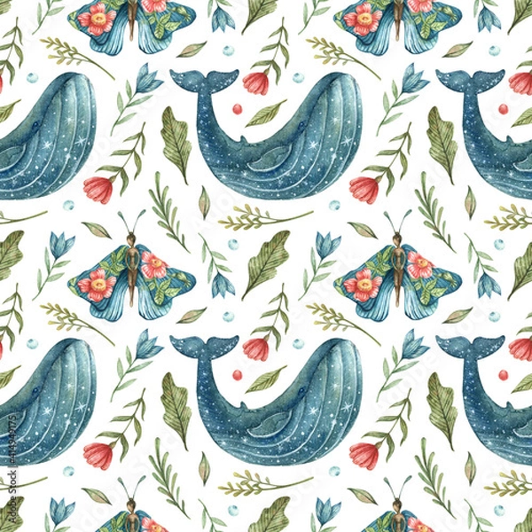 Obraz Occult theme watercolor fantasy seamless pattern with blue whale illustration, cute butterfly girl and colorful flowers and leaves