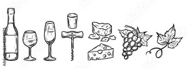 Fototapeta Wine set, hand drawn, monochrome vector