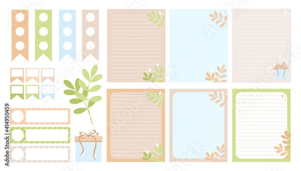 Fototapeta A set sheets of paper and bookmarks for a diary on environmental topics, plants, branches, gift, sparkles. Vector, pastel colors, scalable to any size. For stickers, notebooks, albums, covers, etc.