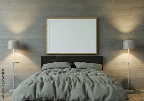 Obraz 3d rendering mockup Home interior  bed with decor elements. wooden frame.