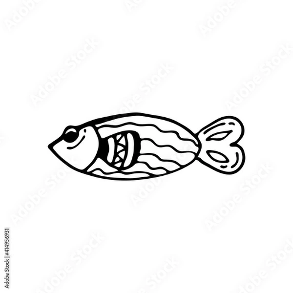 Fototapeta Doodle image of a fish in a decorative style. Image for labels, web, icons, postcards, decoration. Cheerful, childish, cute vector marine theme.