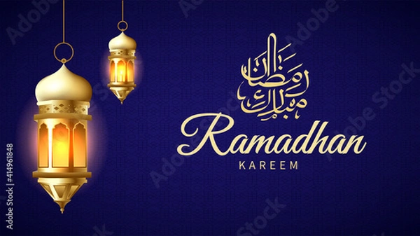 Obraz The concept of Ramadan Kareem greetings. A crescent moon with candle flame and Arabic writing at night. Vector illustration design