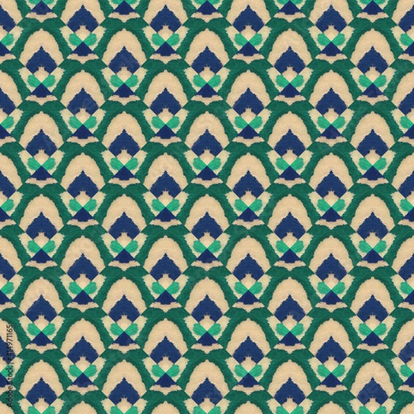 Fototapeta Japanese Watercolor Seamless Pattern. Tie-Dye, Wabi Sabi. Geometric Hand Painted Textile Design. Watercolor Brush Paint. Organic Geometric Female Winter Pattern. Textured Paint Brush Oriental Teal.