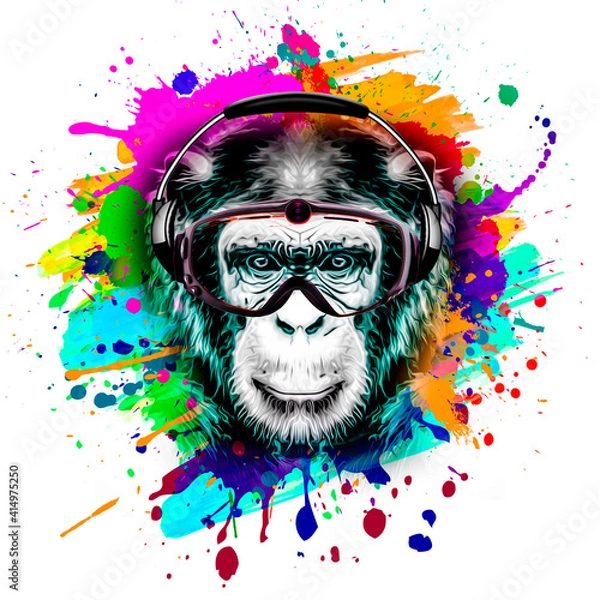 Fototapeta monkey head in reggae hat and eyeglasses with creative abstract elements on white background
