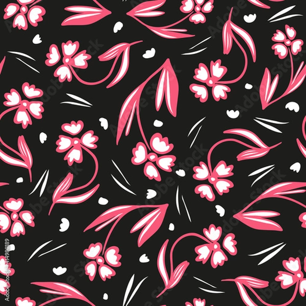 Obraz Random placed folkloristic vector flowers as cropped seamless pattern with black background.
