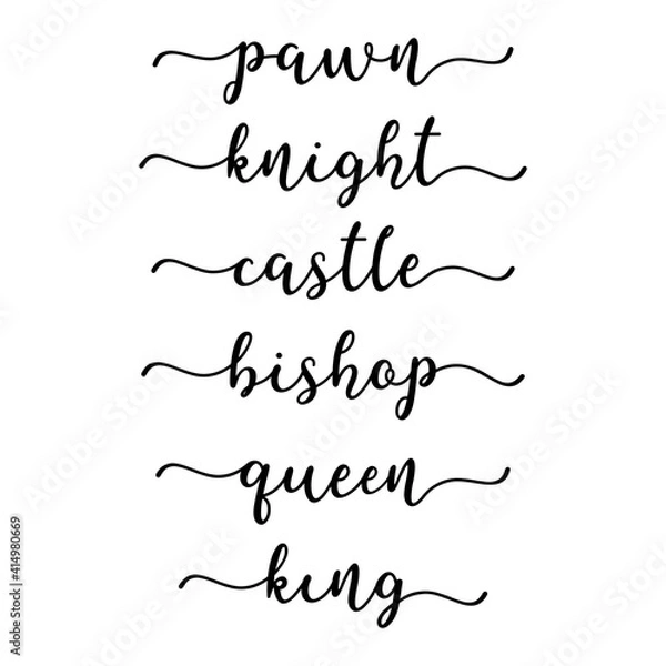 Fototapeta Hand sketched set of Chess Terms, castle, bishop,  king, rook, pawn, queen. Lettering  for poster, label, sticker, flyer, header