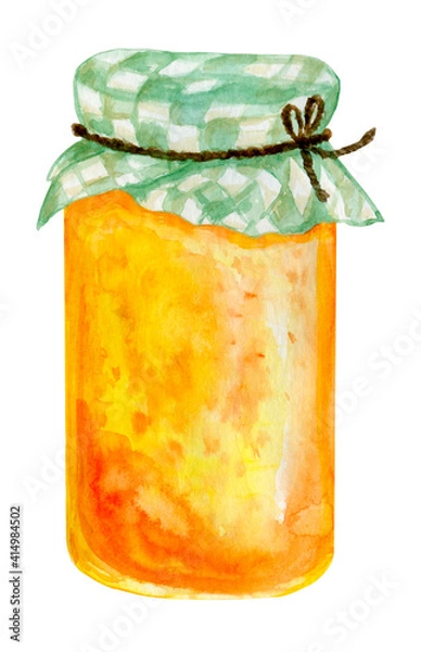 Obraz Glass jar with yellow jam (peach, plum, apricot, persimmon) and a green cloth on top. Watercolor hand-drawn element. Isolated on white.