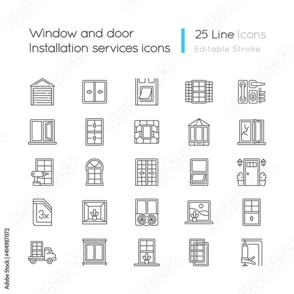 Fototapeta Window and door installation service linear icons set. Increasing energy efficiency. Break-in prevention. Customizable thin line contour symbols. Isolated vector outline illustrations. Editable stroke