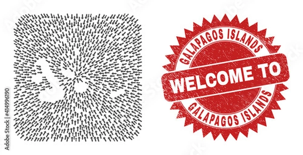 Fototapeta Vector mosaic Galapagos Islands map of moving arrows and scratched Welcome badge. Collage geographic Galapagos Islands map constructed as carved shape from rounded square shape with pointing arrows.