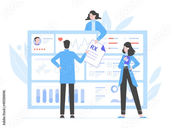Obraz Physician doctors analyze the patient's medical data. Big dashboard with information. Diagnosis of diseases, the study of tests and treatment. Prescription. Vector flat illustration.