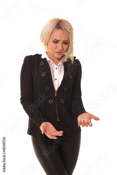 Fototapeta Blonde stands on white background with a sad face.