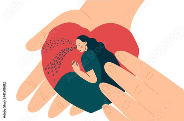 Obraz Hands hold heart inside crying woman or girl. Compassion, support and comfort. Help in overcoming depression. Flat vector illustration in trendy style.