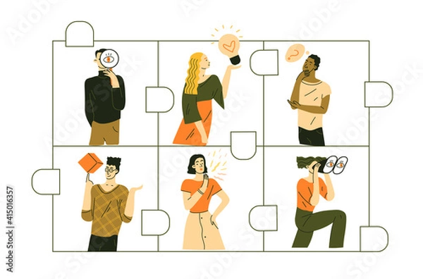 Obraz People inside puzzle pieces, symbol team work. Our team portraits, businessmen and businesswomen. Flat vector illustration in trendy style.