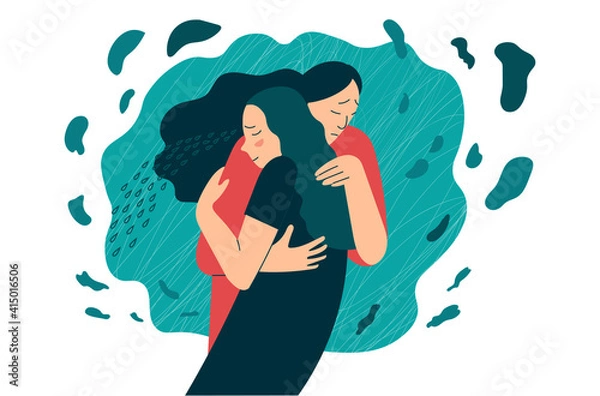 Obraz Friend or mother supports in stress or depression. Hugs as a way to support and show love and compassion. Mental health creative concept. Flat vector illustration.