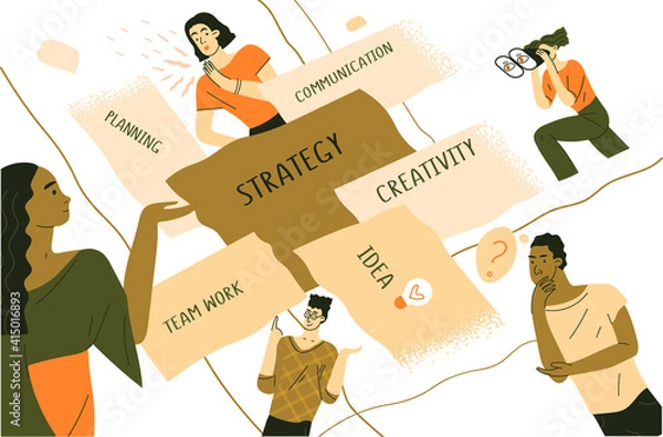 Obraz Team metaphor creative concept. Strategy, planning, communication, creativity, idea and other. Team work, business partnership,coworking. Flat vector illustration in trendy style.