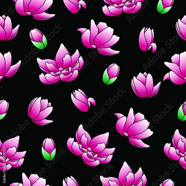 Obraz Simple vector pattern with magnolias on black background. Nature background for textile, print and wallpaper.