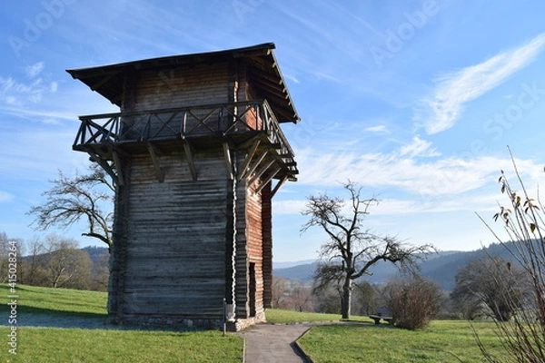 Obraz Wooden observation tower next to the Lorch Monastery on the Swabian Alp, Germany