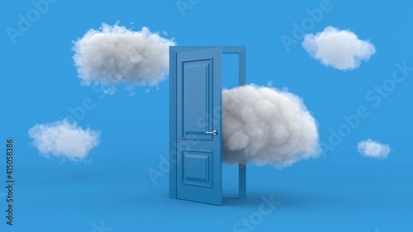 Fototapeta White clouds going through, flying out, open blue door, objects isolated on bright blue background. Abstract metaphor, modern minimal concept. Surreal dream scene. 3d render