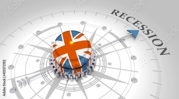 Fototapeta Business concept. Abstract compass points to the recession word. Flag of United Kingdom. 3D rendering