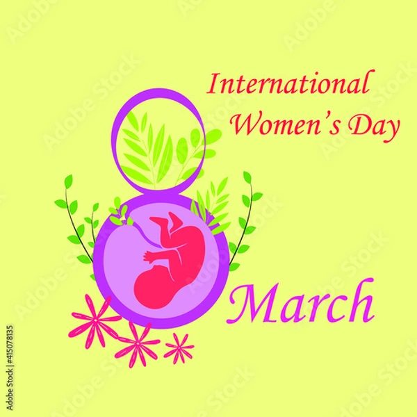 Fototapeta International women's day with date and text 8th march with a baby in the womb, creative poster for women's day