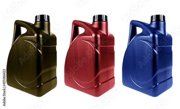 Fototapeta New three plastic oil canister isolated on white background with clipping path. Storage Tank. Canister for gasoline, diesel, gas. Plastic canister for technical liquids isolated over white