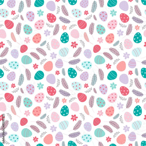 Fototapeta Easter seamless pattern. Decorated Easter eggs on a white background. Design for textiles, packaging, wrappers, greeting cards, paper, printing. Vector illustration