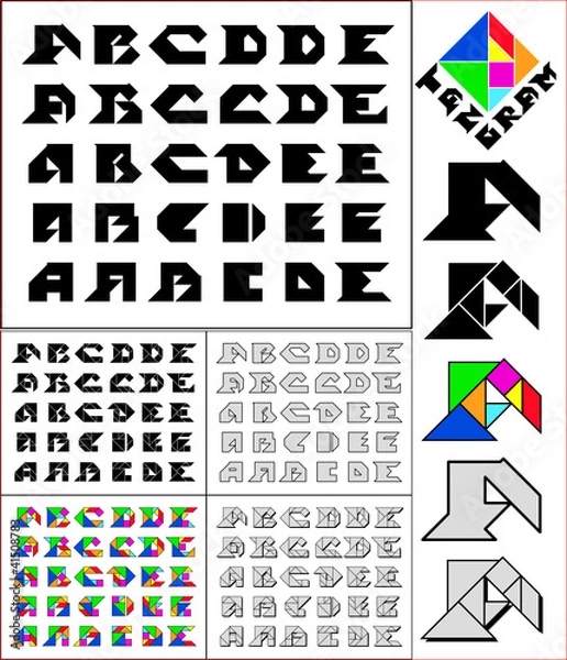 Fototapeta Tangram font, fixed-height alphabet, letters A,B,C,D,E, 5 styles