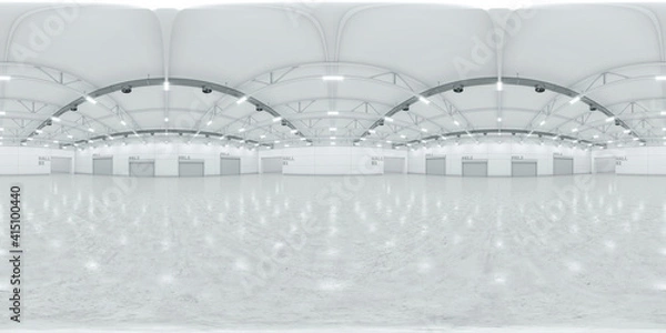 Fototapeta Full spherical hdri panorama 360 degrees of empty exhibition space. backdrop for exhibitions and events. Tile floor. Marketing mock up. 3D render illustration