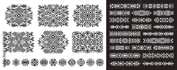 Fototapeta Navajo elements set in boho style on white and black. Abstract Aztec elements. National tribal pattern. Logo, symbol and background. 