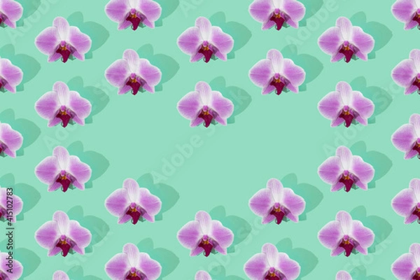 Fototapeta Pink orchid bloom pattern on green background whit heart in the center. Phalaenopsis orchid flat lay.