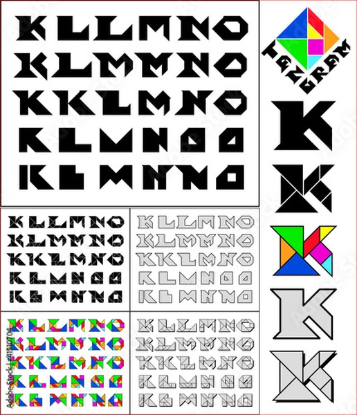 Fototapeta Tangram font, fixed-height alphabet, letters K,L,M,N,O, 5 styles
