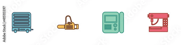 Obraz Set Electric heater, Chainsaw, House intercom system and Sewing machine icon. Vector.