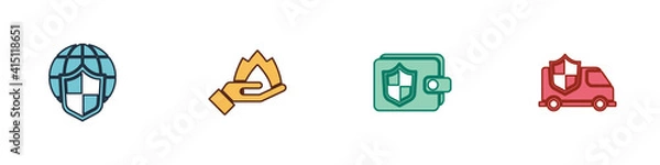 Fototapeta Set Shield with world globe, Hand holding a fire, Wallet shield and Car icon. Vector.