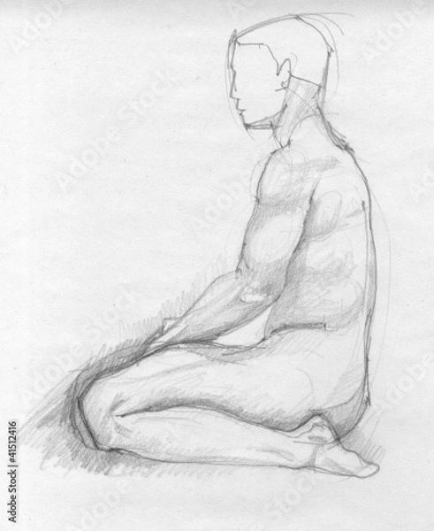 Fototapeta Human figure of a naked man from profile, charcoal sketch