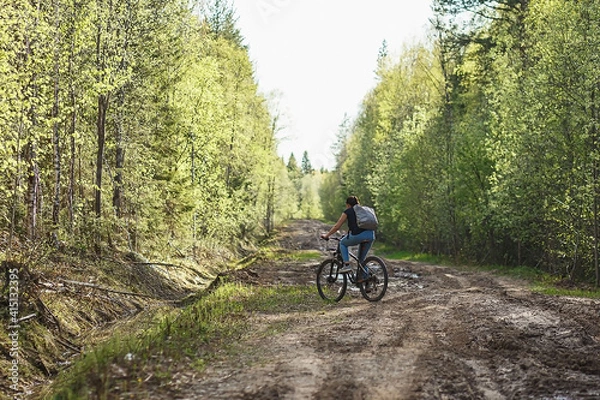 Fototapeta The female cyclist riding on her mountain bike on the forest path. Tires on the dirty forest road. Concept of choice mtb for riding on the loam.