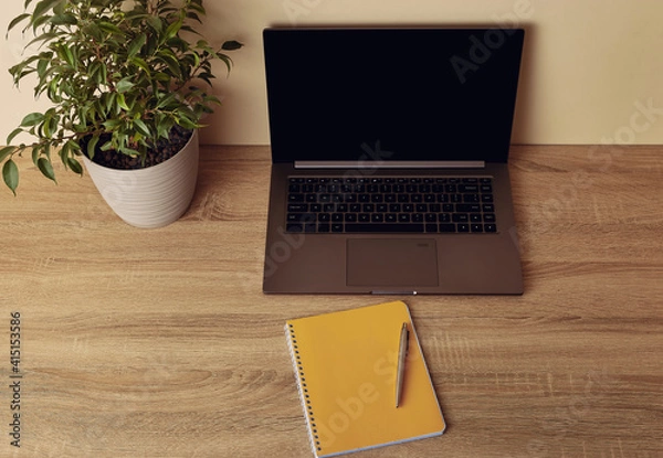 Fototapeta Horizontal photo angle view to workspace desk. Laptop with blank screen, potted plant and yellow notepad with pen.