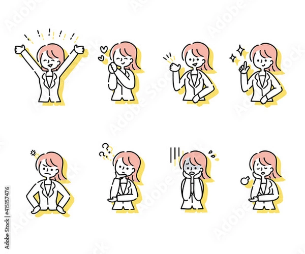 Obraz スーツ女性の色々な感情表現とポーズのセット（上半身）