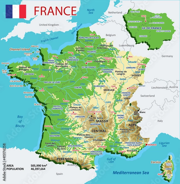 Obraz Vector geographic map of France. High detailed atlas of France with mountains, mountain ranges and plateaus, plains, lakes and rivers. Thorough France physical map with main cities and provinces, and 