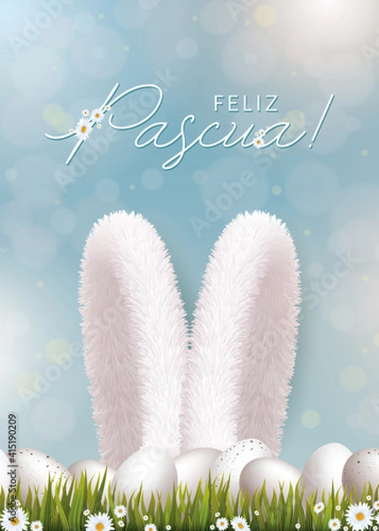 Obraz Feliz Pascua. Easter bunny ears in spring grass with white eggs and flowers decoration. Vector Spanish Easter Card