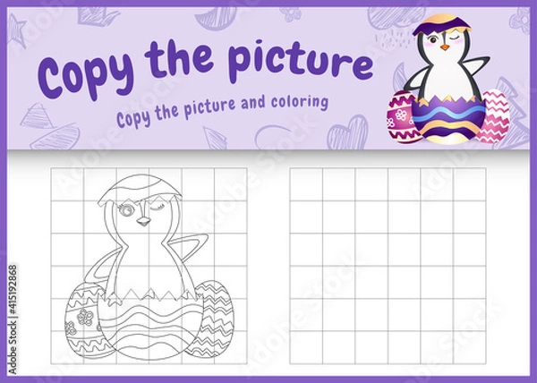 Fototapeta copy the picture kids game and coloring page themed easter with a cute penguin in the egg